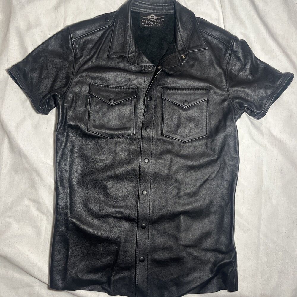 Mr S Leather Lambskin Uniform Shirt Short Sleeve Black Mens Medium